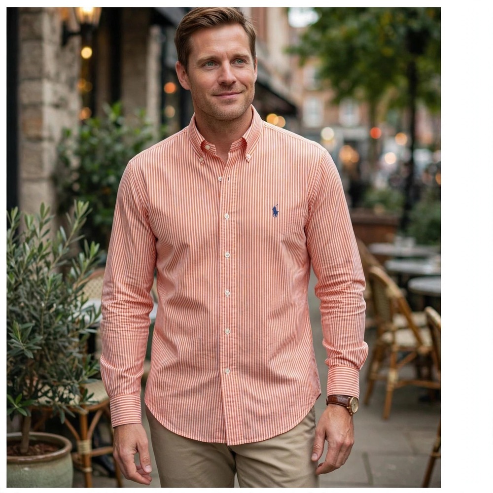 Ralph Lauren Mens Custom Fit‎ Striped Button Down Shirt Orange White Large L